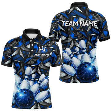 Maxcorners Blue Rhinestone Bowling Shirt for Men Custom Bowling Team Jersey Polo & Quarter-Zip LM2704