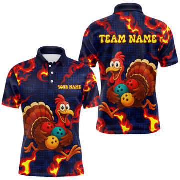 Maxcorners Custom Funny Turkey Bowling Shirt for Men Red Flames Bowling Jersey League Polo & Quarter-Zip
