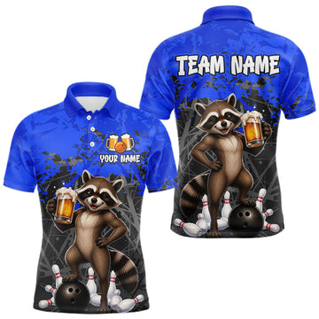 Maxcorners Custom Blue Funny Raccoon Bowling Shirt for Men Bowling Team Jersey Polo & 1/4-Zip