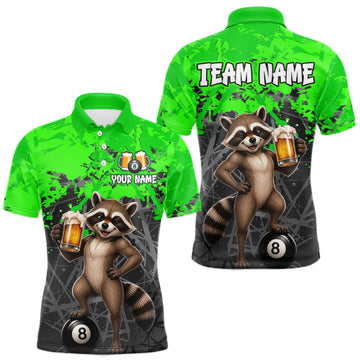 Maxcorners Custom Green Funny Raccoon with Beer Billiard Shirt 8 Ball Billiard Jersey for Men Pool Shirt LM0409