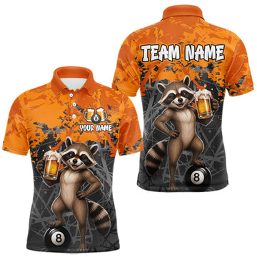 Maxcorners Custom Orange Funny Raccoon with Beer Billiard Shirt 8 Ball Billiard Jersey for Men Pool Shirt LM0409
