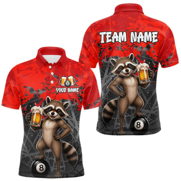 Maxcorners Custom Red Funny Raccoon with Beer Billiard Shirt 8 Ball Billiard Jersey for Men Pool Shirt LM0409