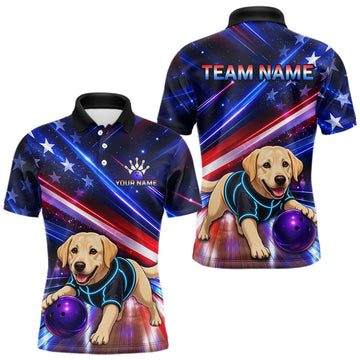 Maxcorners Custom American Flag Funny Labrador Retriever Bowling Shirt for Men Bowling Jersey Polo & 1/4 Zip