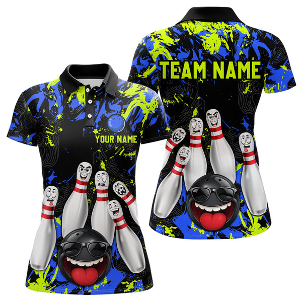 Maxcorners Green Blue Funny Bowling Team Shirt for Men Bowling League Jersey Polo & 1/4 Zip Bowler Outfit LM2509