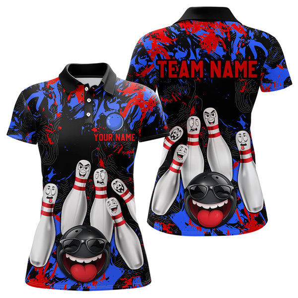 Maxcorners Red Blue Funny Bowling Team Shirt for Men Custom Bowling League Jersey Polo & 1/4 Zip Bowler Outfit LM2509