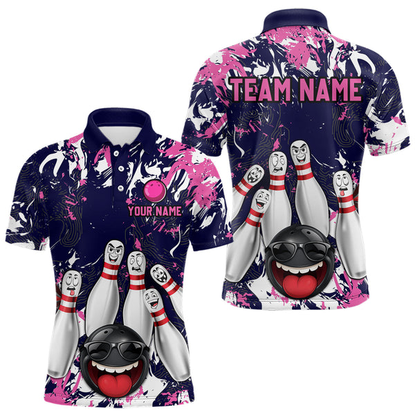 Maxcorners Navy Pink Funny Bowling Team Shirt for Men Bowling League Jersey Polo & 1/4 Zip Bowler Outfit LM2509