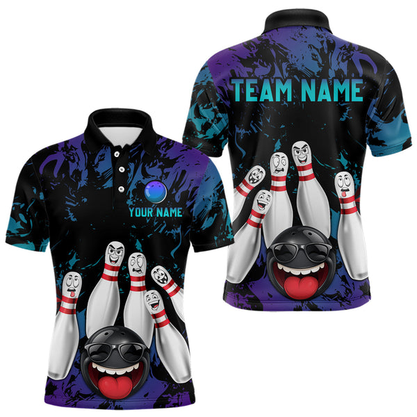 Maxcorners Teal Purple Funny Bowling Team Shirt for Men Custom Bowling League Jersey Polo Bowler Outfit LM2509