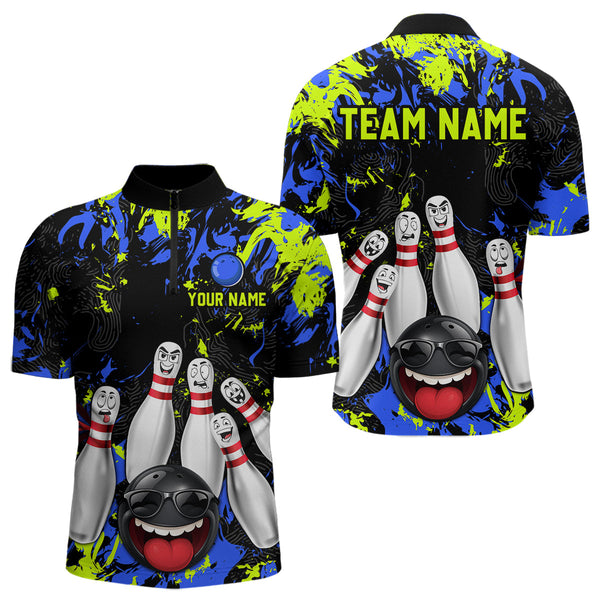 Maxcorners Green Blue Funny Bowling Team Shirt for Men Bowling League Jersey Polo & 1/4 Zip Bowler Outfit LM2509