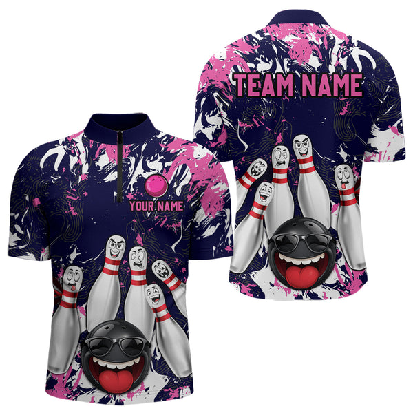 Maxcorners Navy Pink Funny Bowling Team Shirt for Men Bowling League Jersey Polo & 1/4 Zip Bowler Outfit LM2509