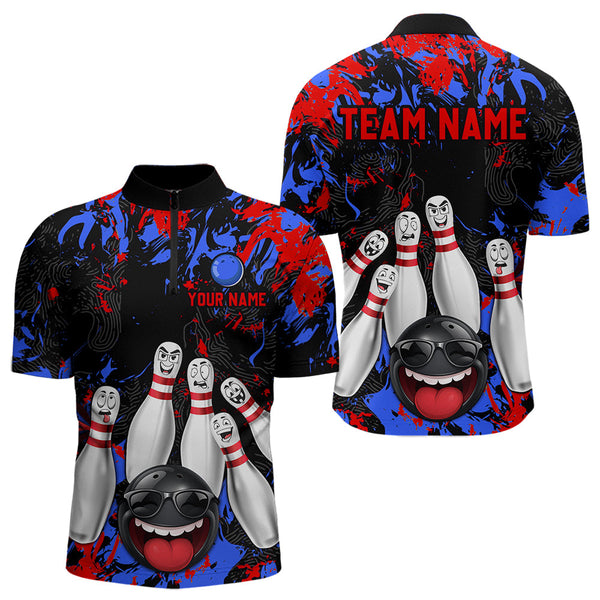 Maxcorners Red Blue Funny Bowling Team Shirt for Men Custom Bowling League Jersey Polo & 1/4 Zip Bowler Outfit LM2509