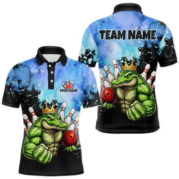 Maxcorners Custom Blue Funny Crocodile Bowling Shirt for Men Alligator Bowling Jersey Polo & 1/4-Zip LM0409