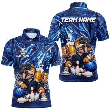 Maxcorners Custom Blue Funny Bulldog & Beer Bowling Shirts Bowling Jersey LM0410