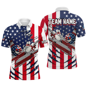 Maxcorners Custom American Flag Bowling Shirt Funny Blue Red White Bowling Jersey for Men Polo & Quarter-Zip LM2603
