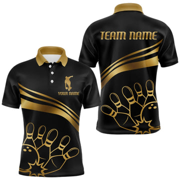 Maxcorners Black & Gold Bowling Ball Pins Custom Bowling Team Shirt Polo & Quarter-Zip Bowling Jersey LM0409