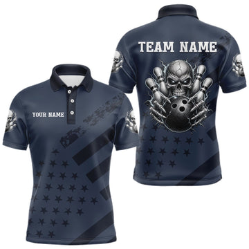 Maxcorners American Flag Bowling Skull Shirt for Men Navy Blue Bowling Jersey Polo & Quarter-Zip LM0409