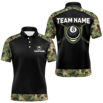 Maxcorners Custom Green Camouflage Billiard Shirt 8 Ball Billiard Jersey for Men Pool Shirt Polo & 1/4 Zip LM0409