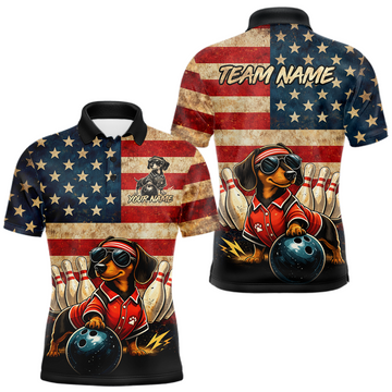 Maxcorners Custom American Flag Retro Dachshund Bowling Shirt Bowling Team Jersey for Men Polo & Quarter-Zip