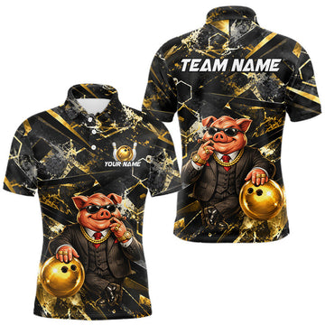 Maxcorners Custom Funny Mafia Pig Bowling Shirt, Black and Gold Bowling League Jersey for Men, Bowling Outfit