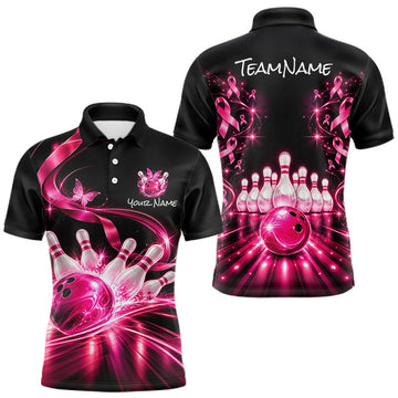 Maxcorners Custom Pink Butterflies Ribbon Bowling Shirt for Men Breast Cancer Bowling Jersey