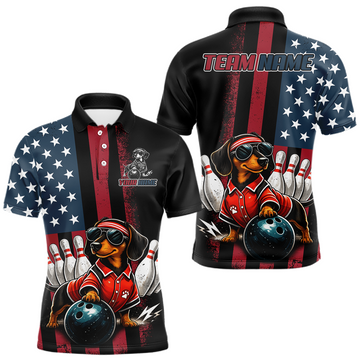 Maxcorners Personalized American Flag Dachshund Bowling Shirt for Men Bowling Jersey Performance Patriotic