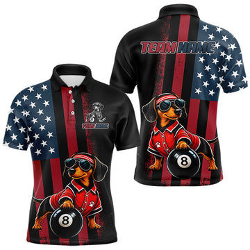Maxcorners Custom Retro American Flag Dachshund Billiard Shirt for Men 8 Ball Pool Team Jersey Polo & 1/4-Zip Pool Outfit LM1307