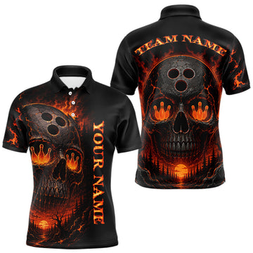 Maxcorners Custom Flames Skull Bowling Shirt for Men Bowling Jersey League Outfit Polo & Quarter-Zip