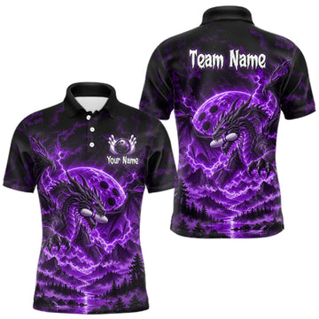 Maxcorners Custom Thunder Lightning Dragon Bowling Shirt for Men Purple Bowling Jersey Polo & Quarter-Zip LM1910