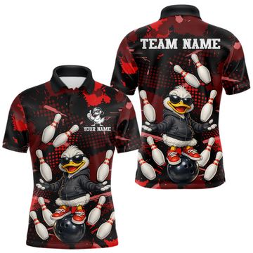 Maxcorners Custom Red Funny Duck Bowling Shirt for Men Bowling Jersey Polo & 1/4 Zip Bowling Outfit