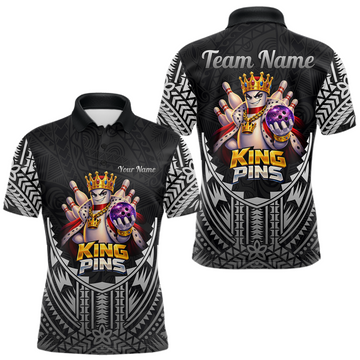 Maxcorners Funny King Pins Bowling Team Shirt for Men Custom Tribal Buddies Bowling Jersey Polo & 1/4 Zip