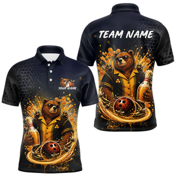Maxcorners Black & Gold Bear Bee & Beer Bowling Shirt for Men Custom Bowling League Jersey Polo & 1/4-Zip