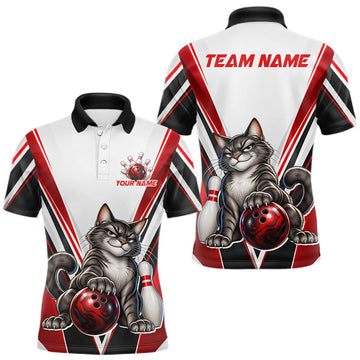 Maxcorners Custom Black Red White Bowling Shirt for Men Funny Cat Bowling Team Jersey Polo & 1/4-Zip
