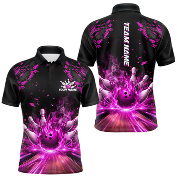 Maxcorners Custom Pink Flame Bowling Team Shirt for Men Polo & 1/4-Zip Bowling Jersey Bowling League Uniform LM1501