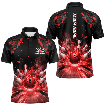 Maxcorners Custom Red Flame Bowling Team Shirt for Men Polo & 1/4-Zip Bowling Jersey Bowling League Uniform
