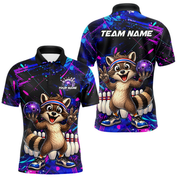 Maxcorners Custom Neon Funny Raccoon Bowling Team Jersey for Men Bowling Shirt Bowling Tournament Polo & 1/4-Zip