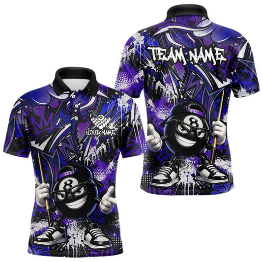 Maxcorners Funny Blue & Purple 8 Ball and Cue Billiards Shirt for Men Custom Pool Team Jersey Billiard Player Gift