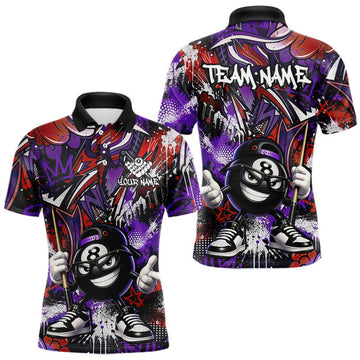 Maxcorners Funny Red & Purple 8 Ball and Cue Billiards Shirt for Men Custom Pool Team Jersey Billiard Player Gift