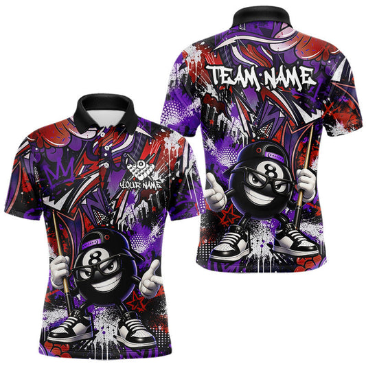 Maxcorners Funny Red & Purple 8 Ball and Cue Billiards Shirt for Men Custom Pool Team Jersey Billiard Player Gift