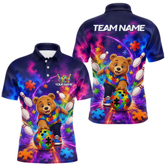 Maxcorners Colorful Autism Bear Bowling Shirt Custom Bowling Jersey League for Men Polo & Quarter-Zip LM2405