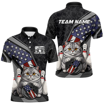 Maxcorners Custom American Flag Funny Cat Bowling Shirt for Men Bowling Team Jersey Bowling Outfit 
 LM2607