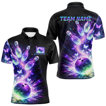 Maxcorners Cat Aurora Galaxy Bowling Shirt for Men Custom Neon Glow Bowling Jersey Polo & Quarter-Zip