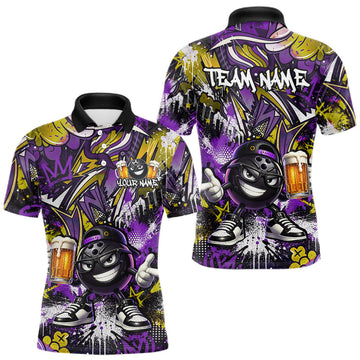 Maxcorners Custom Funny Yellow Bowling Ball & Beer Bowling Shirt Bowling Team Jersey for Men Polo & 1/4-Zip
