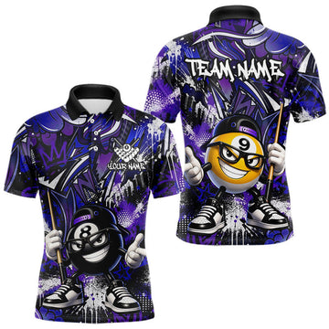 Maxcorners Purple Blue Funny 8 Ball 9 Ball and Cue Billiards Shirt for Men Custom Pool Team Jersey Billiard Player Gift