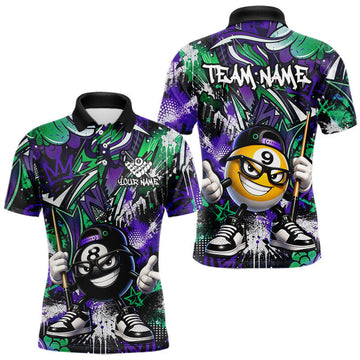 Maxcorners Purple Green Funny 8 Ball 9 Ball and Cue Billiards Shirt for Men Custom Pool Team Jersey Billiard Player Gift