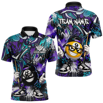 Maxcorners Purple Teal Funny 8 Ball 9 Ball and Cue Billiards Shirt for Men Custom Pool Team Jersey Billiard Player Gift