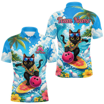 Maxcorners Personalized Black Cat Surf Bowling Shirt for Men, Tropical Bowling Team Jersey, Bowling Outfit LM2607