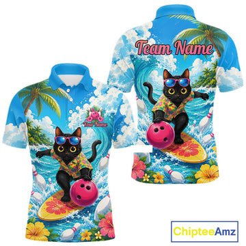 Maxcorners Personalized Black Cat Surf Bowling Shirt for Men, Tropical Team Jersey Bowling Outfit
