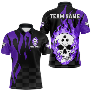Maxcorners Purple Flame Skull Bowling Shirt Bowling Team Jersey for Men Polo & 1/4-Zip Bowling Outfit