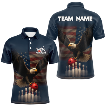 Maxcorners Custom American Eagle Bowling Shirt for Men Navy Polo & Quarter-Zip Bowling Team Jersey Bowling Outfit LM1307