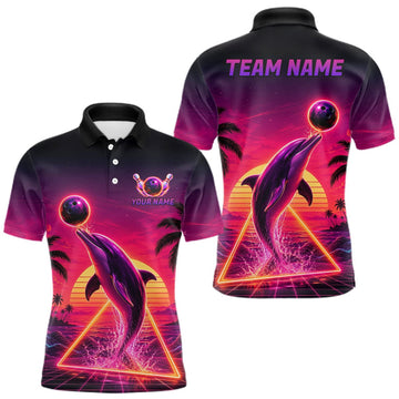 Maxcorners Custom Tropical Sunset Dolphin Bowling Shirt for Men Funny Bowling Jersey LM0409