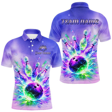 Maxcorners Neon Aurora Bowling Shirt Custom Galaxy Glow Bowling Jersey for Men Polo & Quarter-Zip